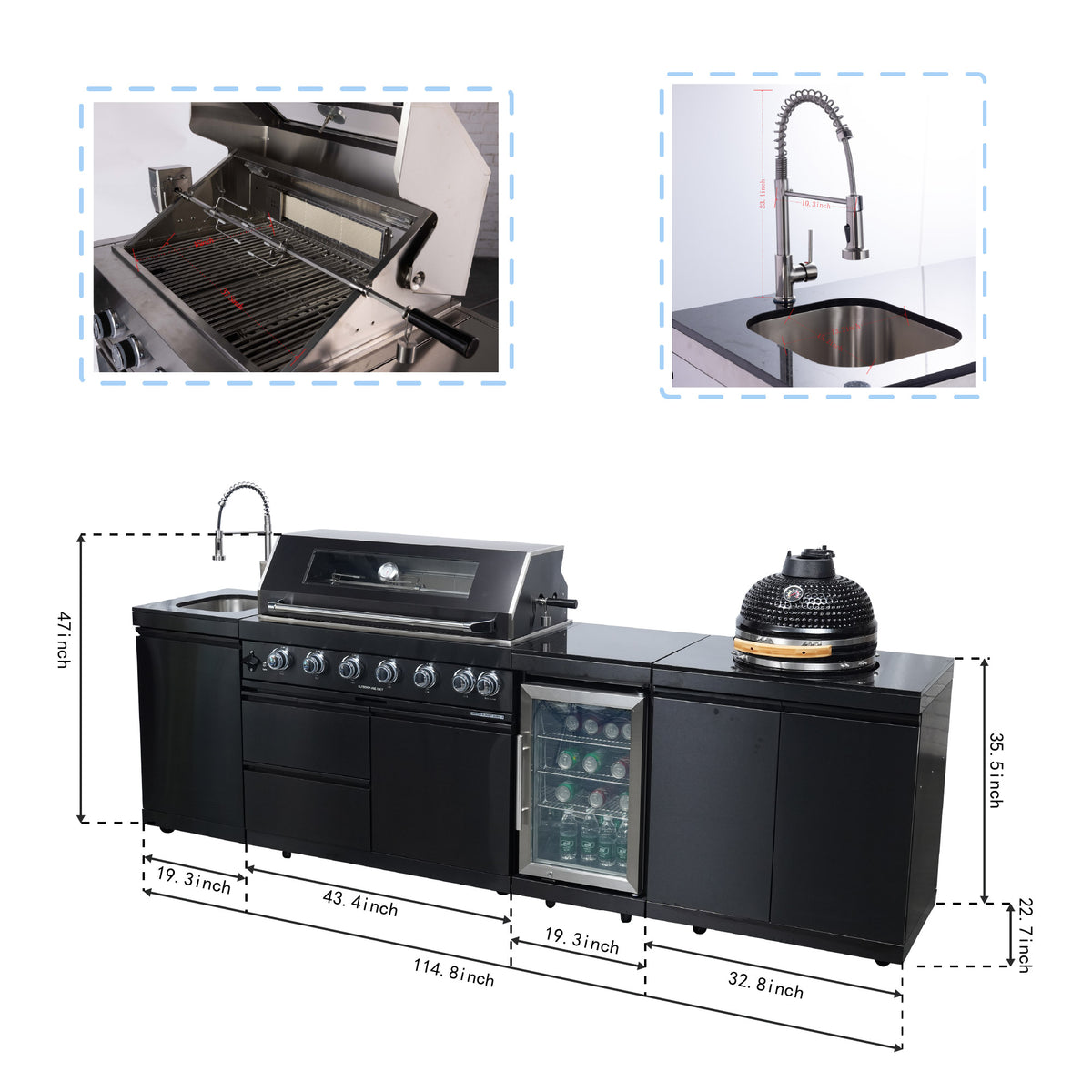 Black 115-Inch 85000-BTU Stainless Steel Gas Outdoor Kitchen Bar Barbecue Island Grill with Kamado grill ,Wine Cooler Compact Refrigerator Rotisserie Granite Countertops Storage Cabinets & Drawers