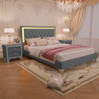 3-Pieces Bedroom Set - Queen Size Upholstered Platform Bed with LED Lights
