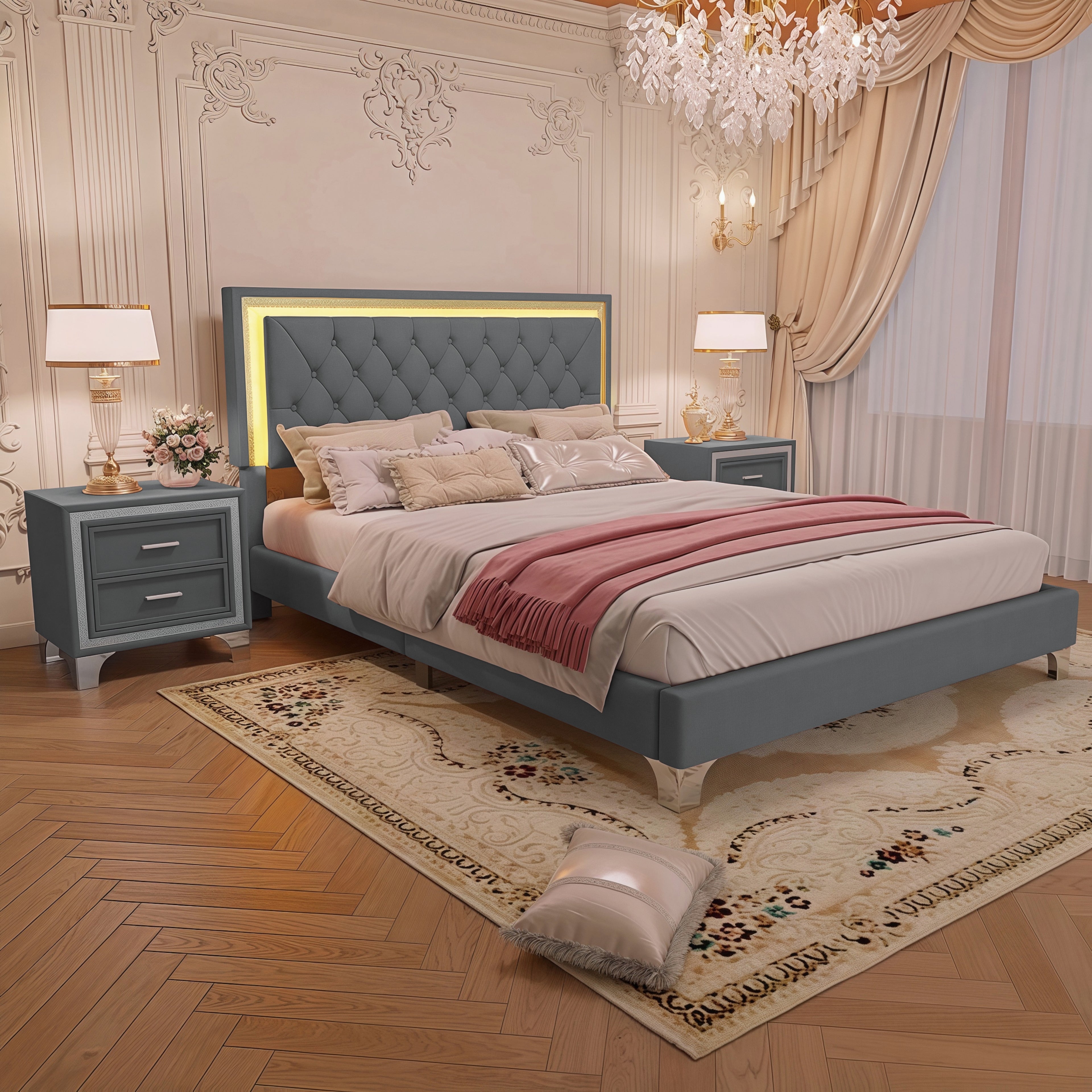 3-Pieces Bedroom Set - Queen Size Upholstered Platform Bed with LED Lights