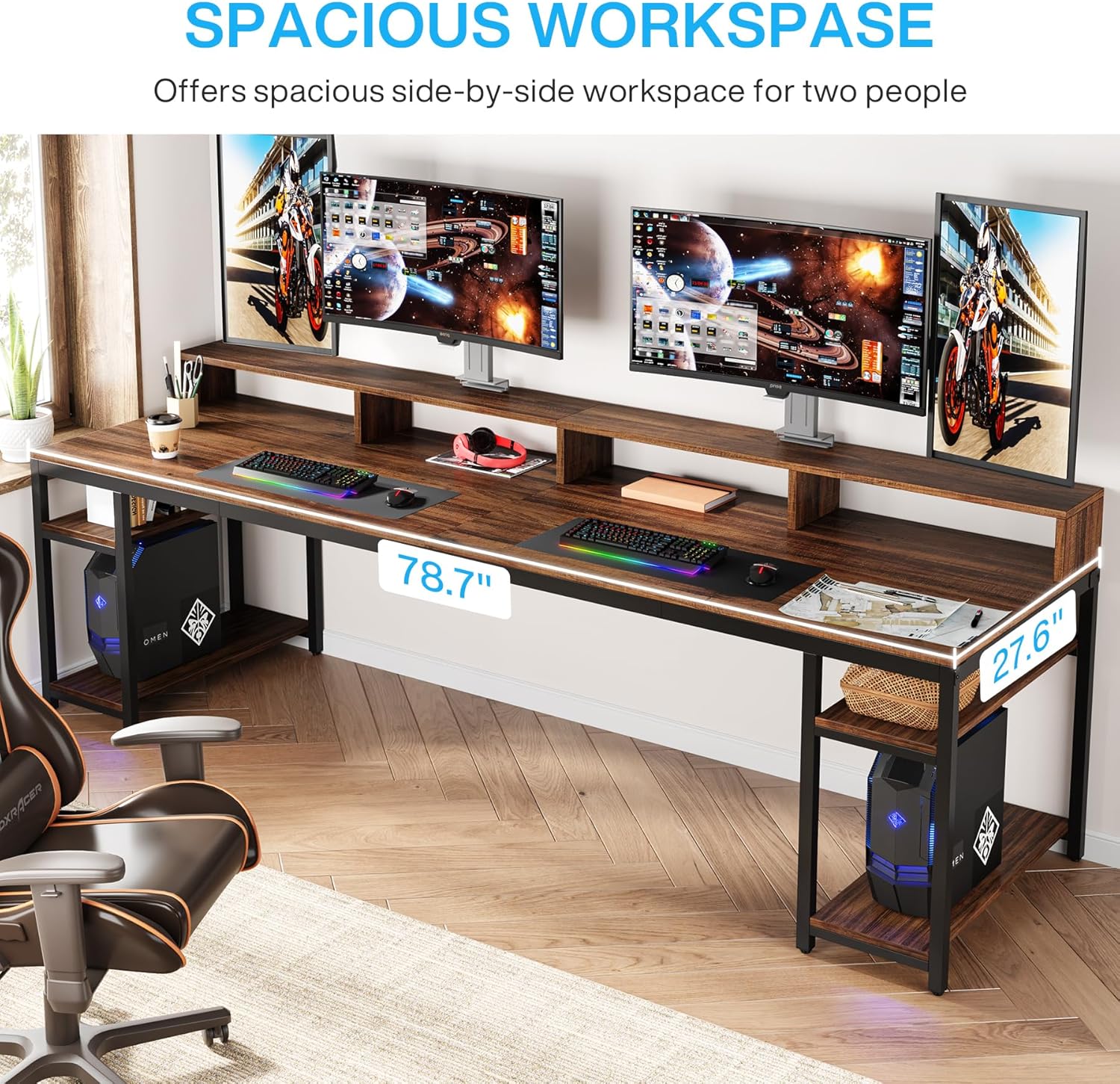 Two Person Desk with Monitor Stand