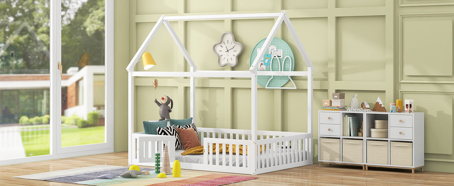 Full Size Wood House Bed with Fence and Door