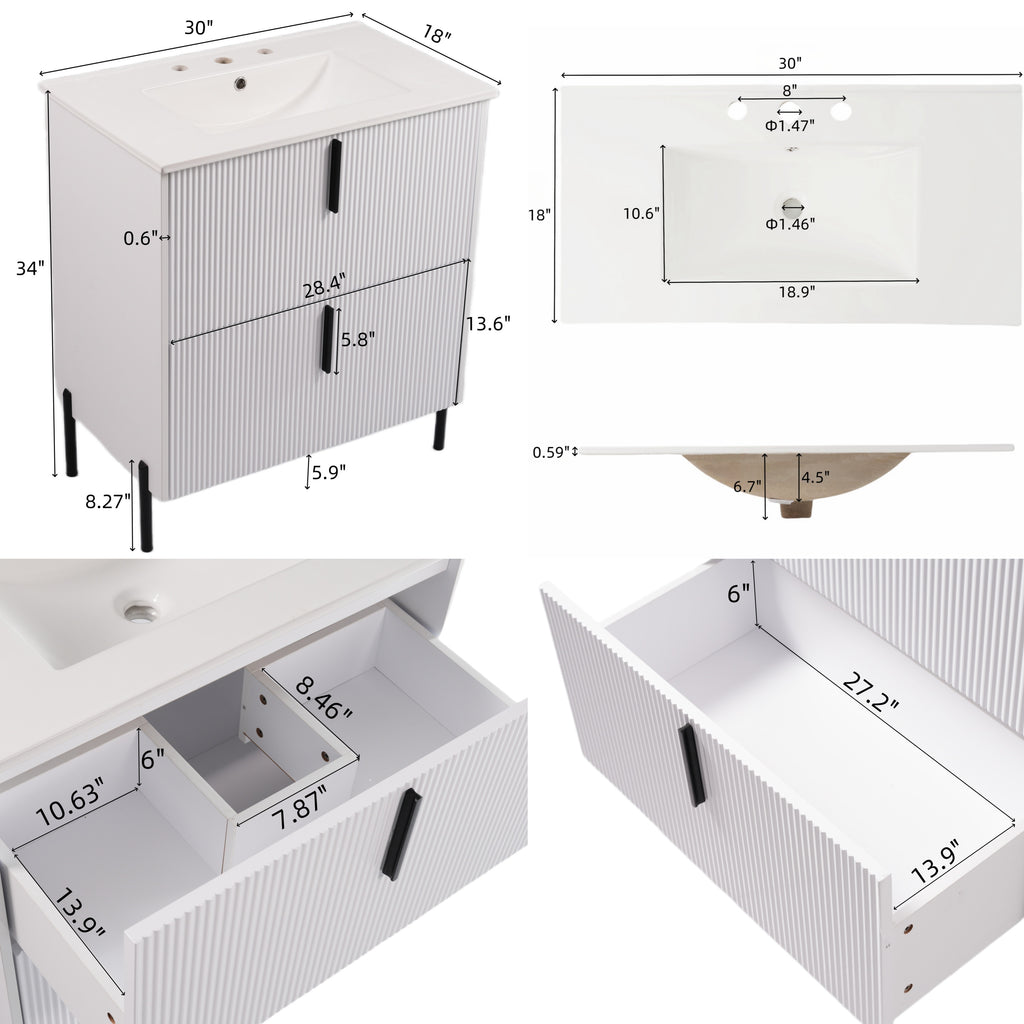 30" Bathroom Vanity with Ceramic Sink and Fluted Design