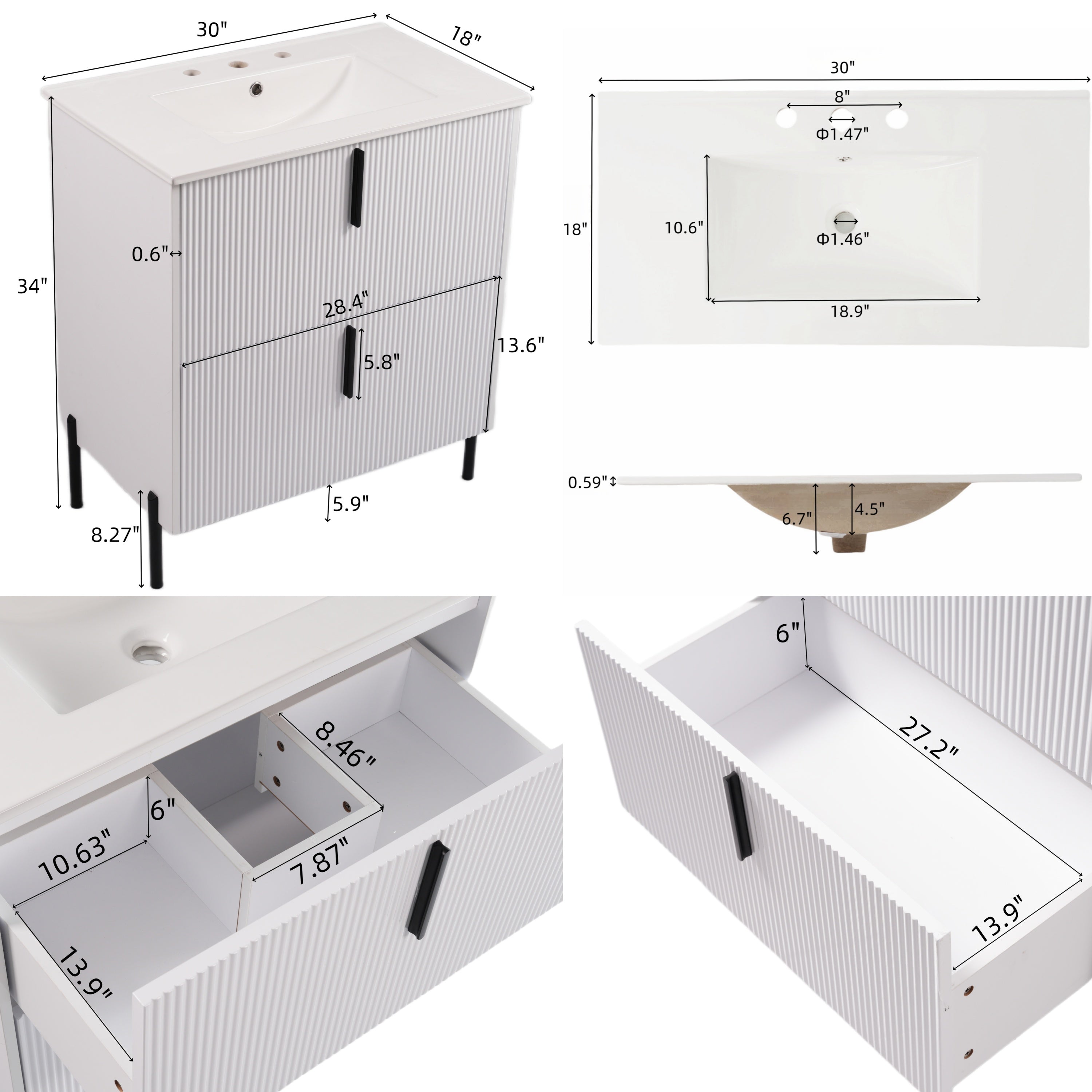 30" Bathroom Vanity with Ceramic Sink and Fluted Design