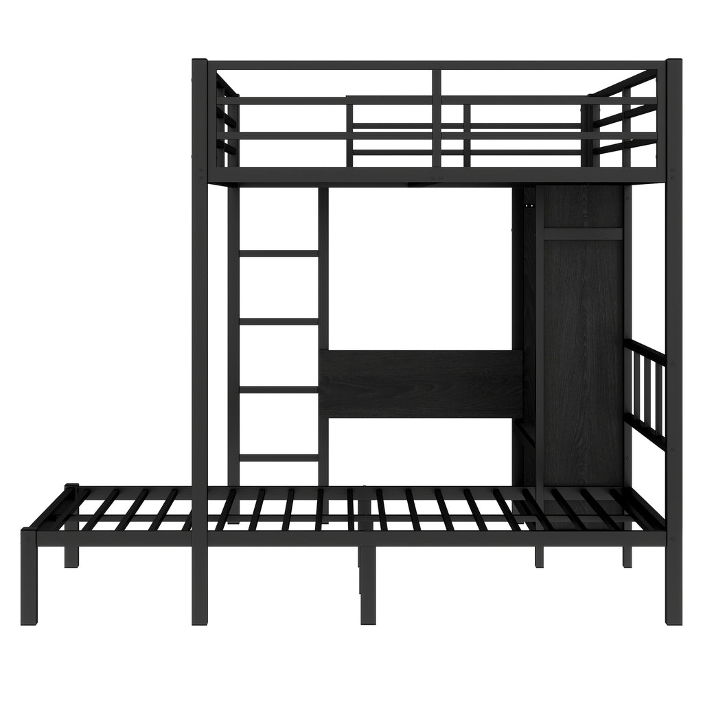 Full XL Over Twin Metal Bunk Bed with Folding Desk and LED Closet