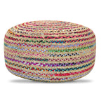 Margo 30 Inch Wide Round Pouf in Multi-Color Handwoven Jute and Cotton
