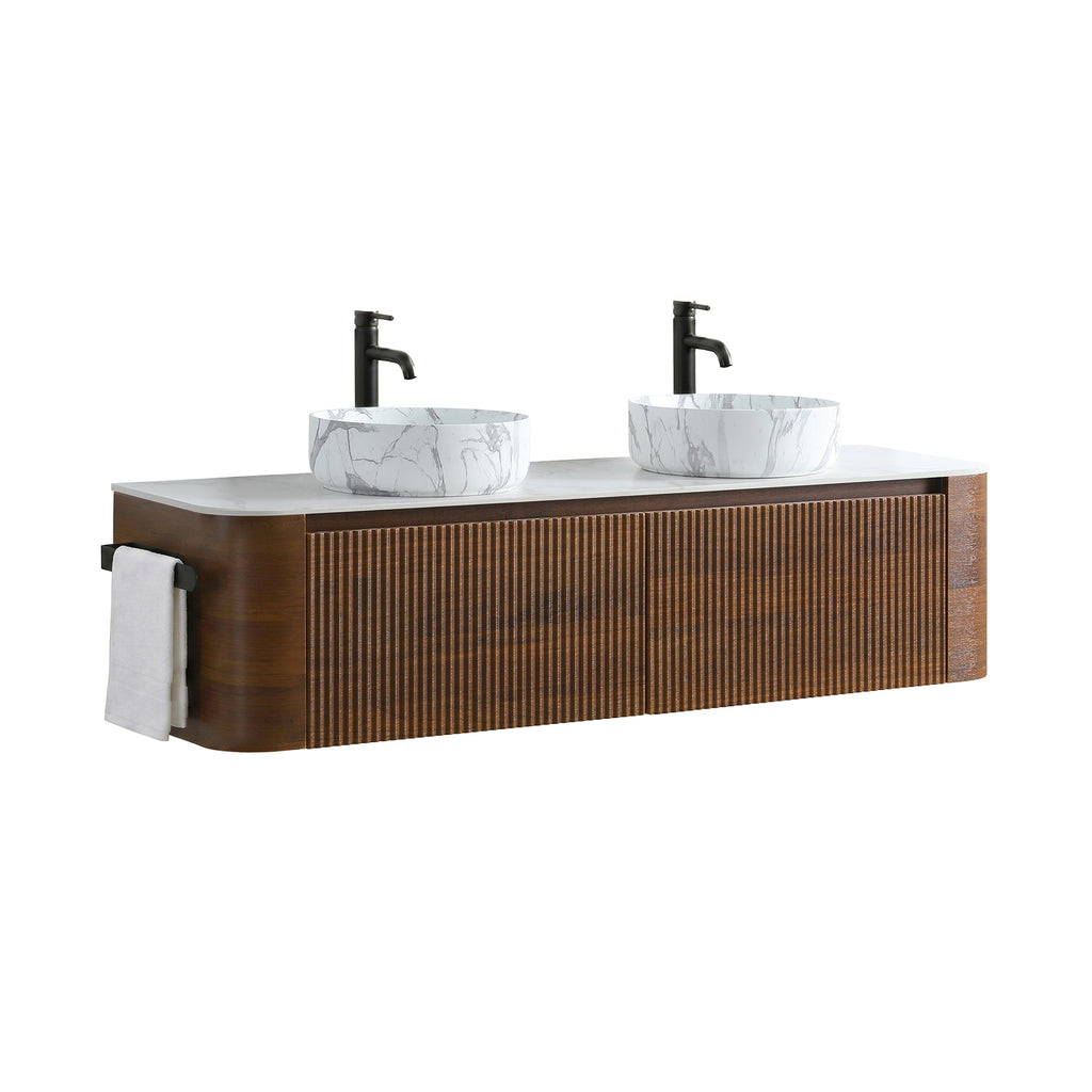 Erba 60-Inch Double Sink Bathroom Vanity, Walnut with Carrara White Ceramic
