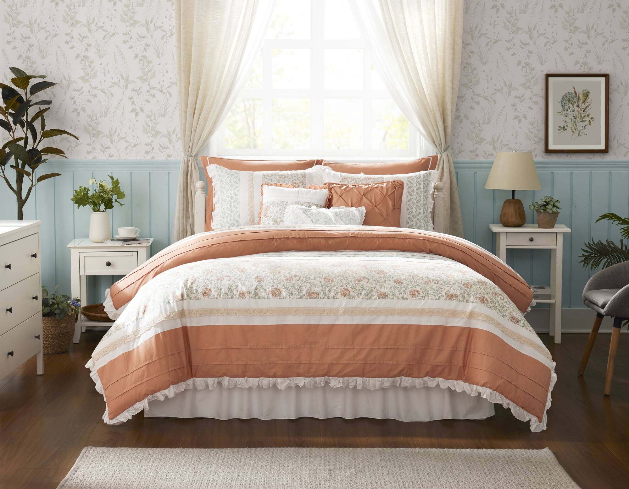 9 Piece Cotton Percale Comforter Set - Coral Queen