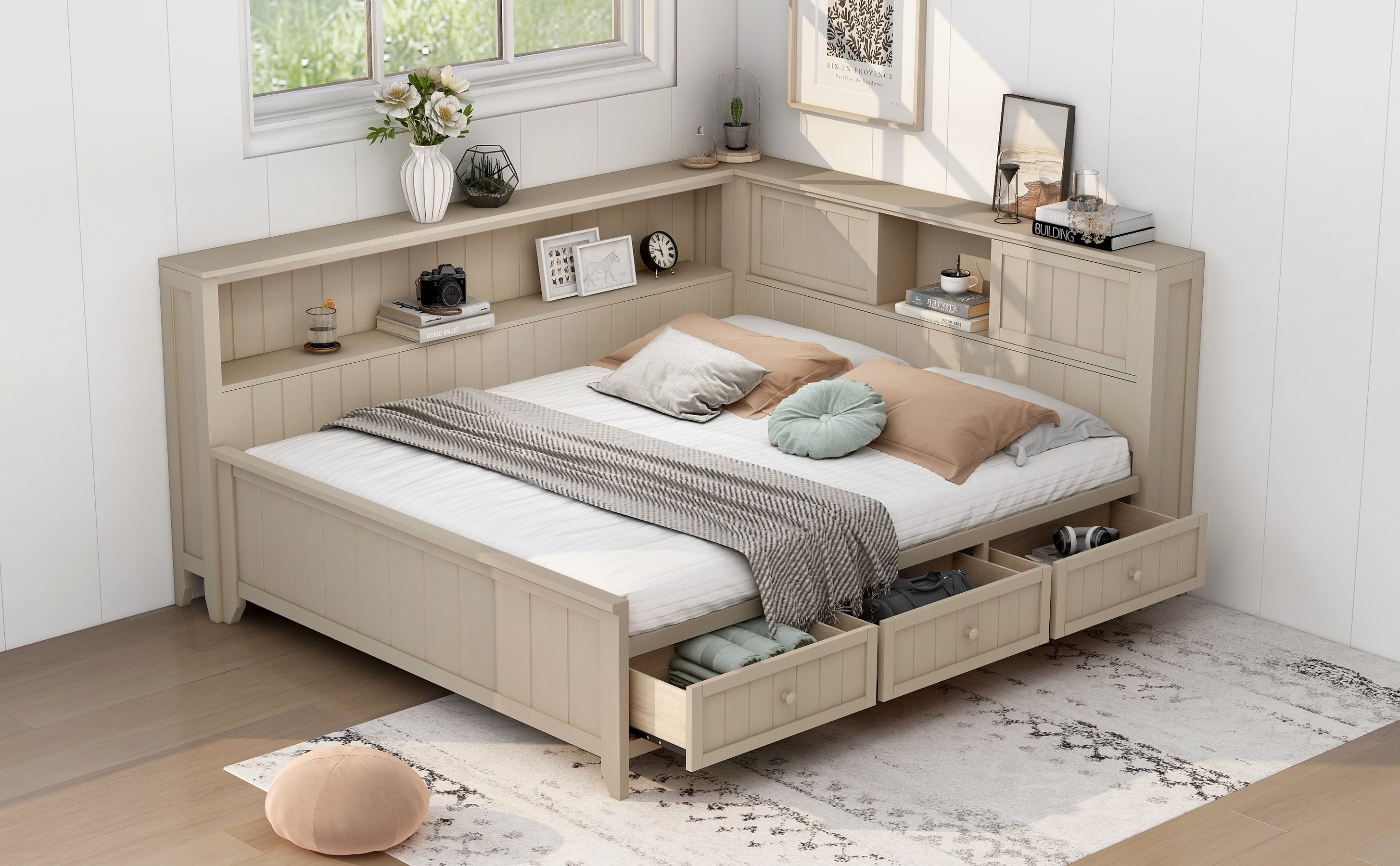 Full Size Wood Daybed with Storage Shelves and 3 Drawers, Antique