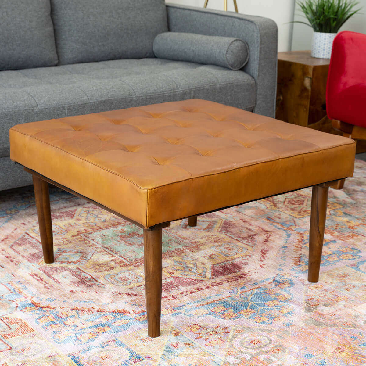 Mark Mid-Century Tufted Square Genuine Leather Upholstered Ottoman