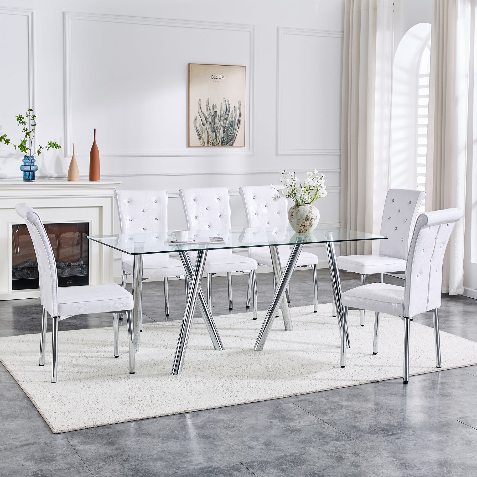 71-Inch Tempered Glass Dining Table with Sturdy Metal Legs