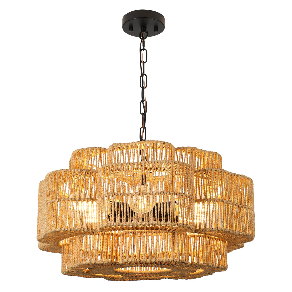 21.65-Inch 2-Tier Paper Rope Chandelier, Black Metal, 6-Light Pendant