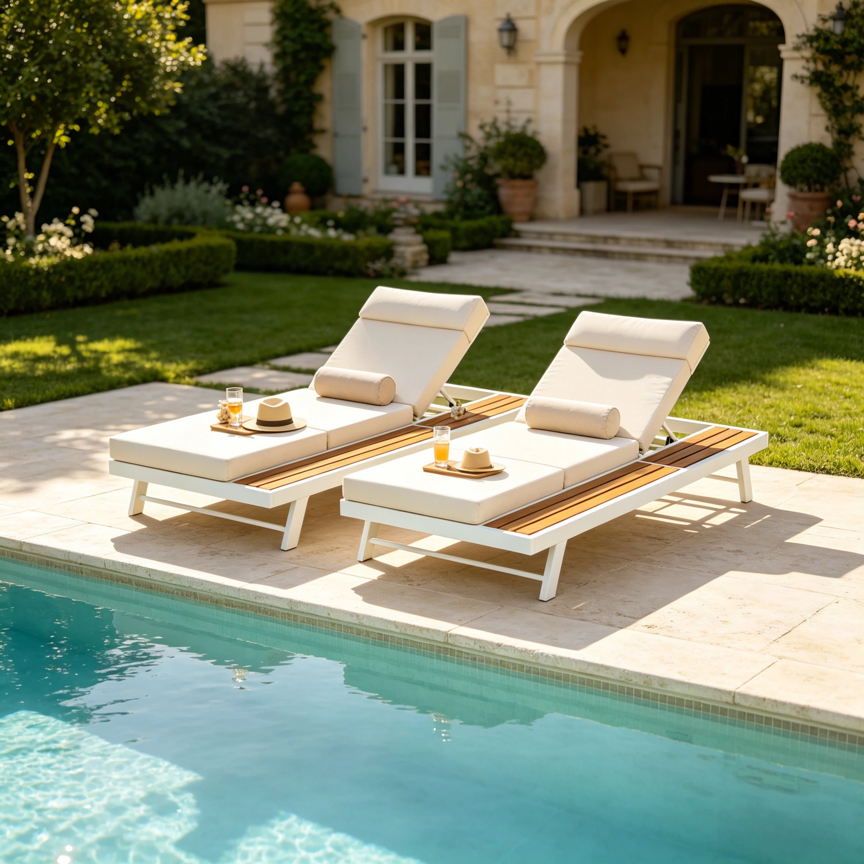 White Iron + Teak Finish Outdoor Chaise Lounge Set