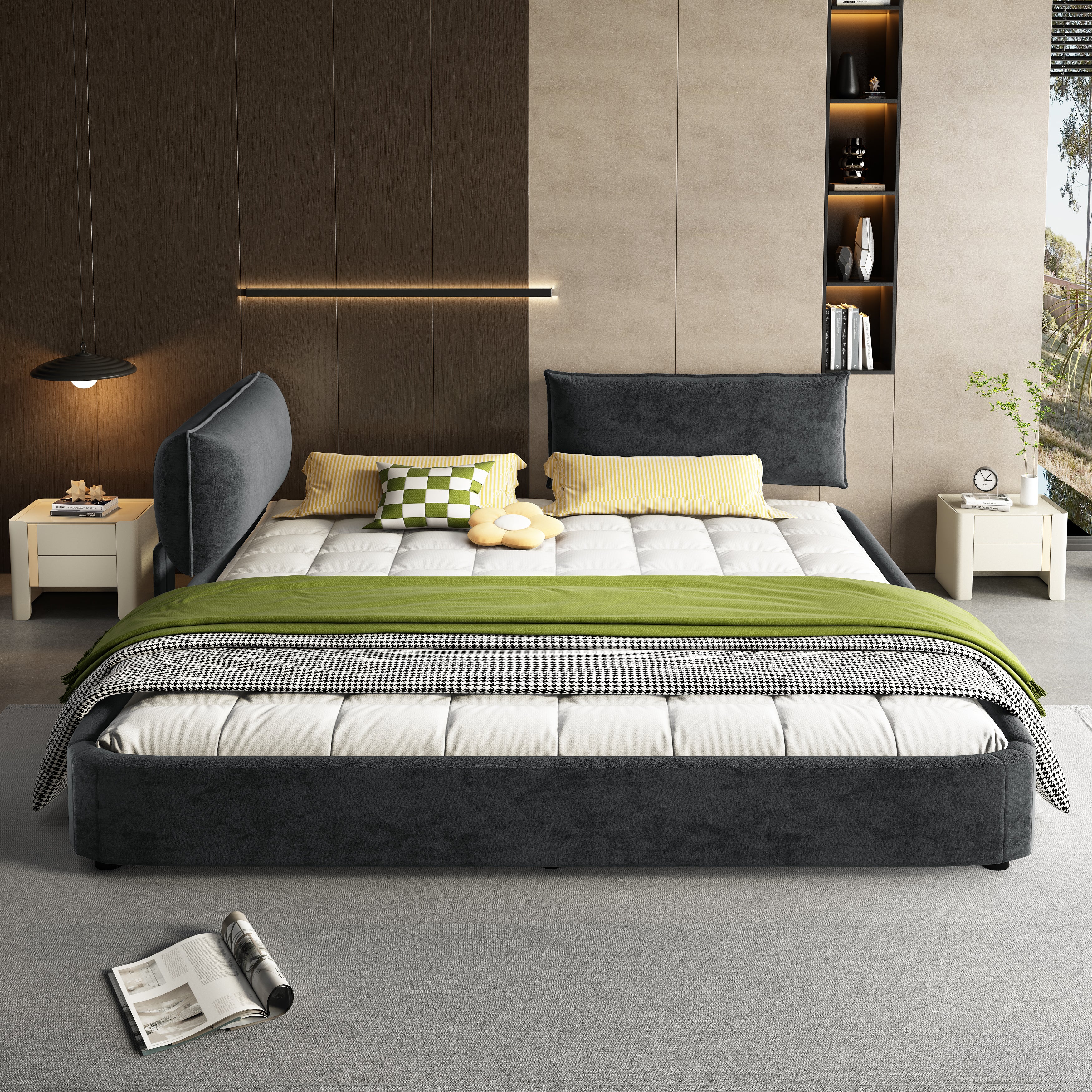 King Size Cloud Bed Frame with Oversized Padded Movable Headboard