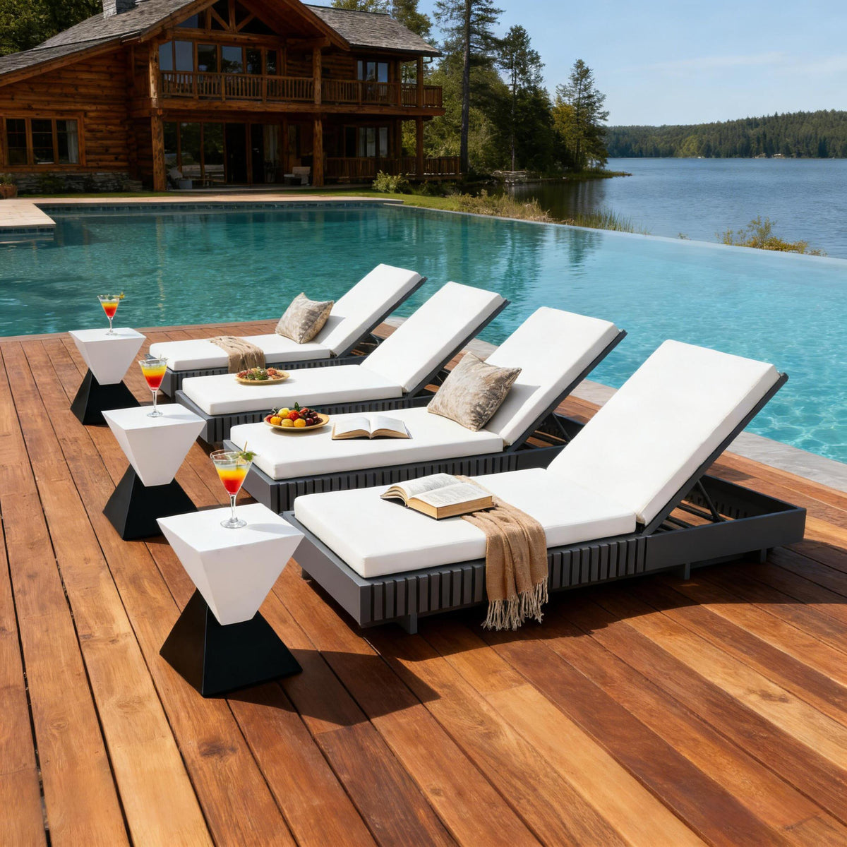 Dark Gray Acacia Wood Outdoor Chaise Lounge with Adjustable Backrest, 76.8 Inches