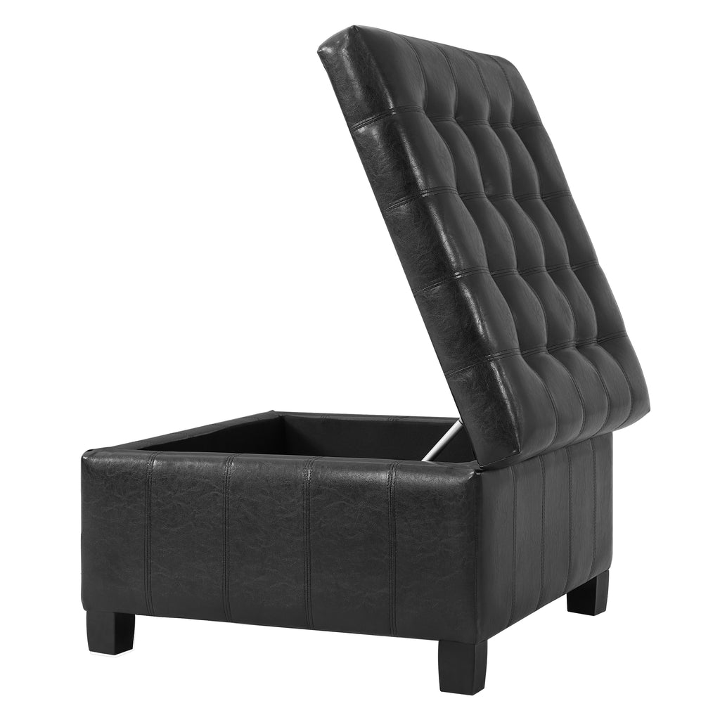 Black PU Storage Ottoman with Rubber Wood Legs