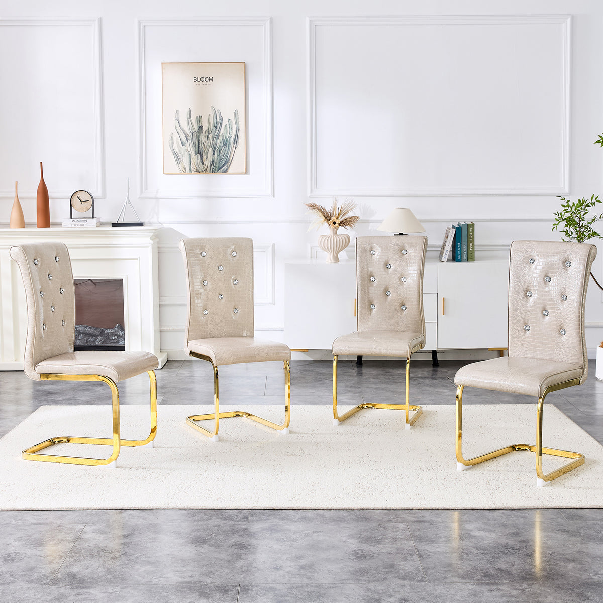 Set of 4 Retro Alligator Skin Dining Chairs, Beige Faux Leather with Crystal Buckles