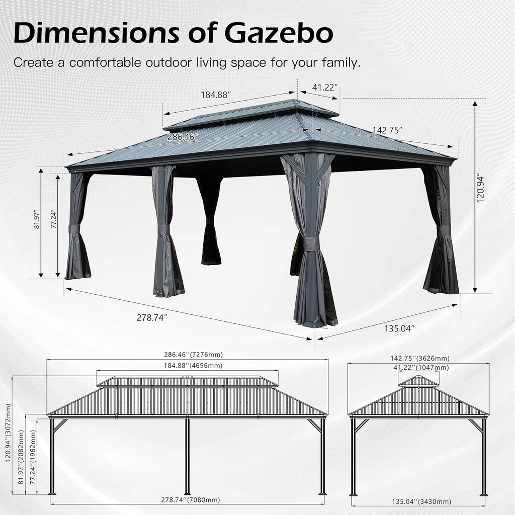 12x24FT Outdoor Gazebo with Galvanized Steel Double Roof