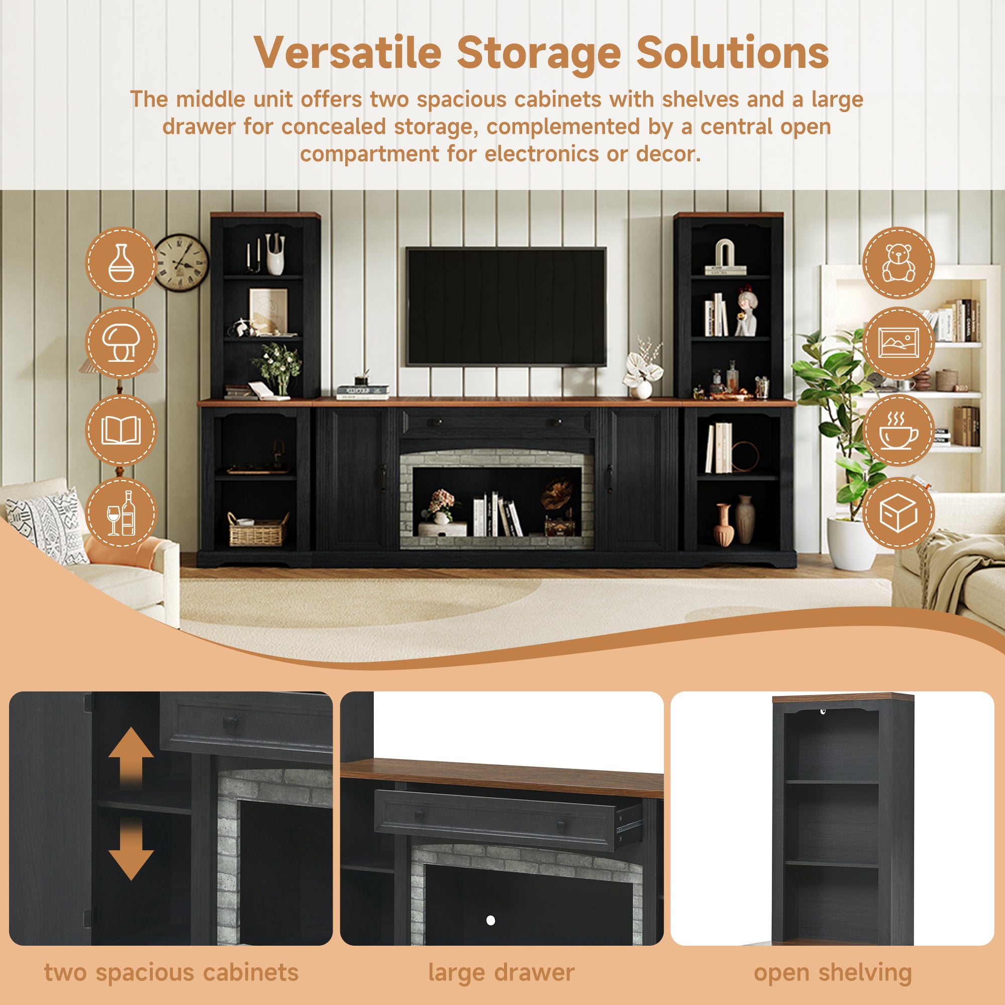 3-Piece TV Stand Set with Curved Side Cabinets