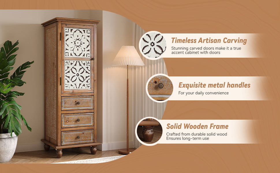 Rustic Wooden Storage Cabinet with Decorative Cutout Door & 3 Drawers