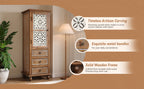 Rustic Wooden Storage Cabinet with Decorative Cutout Door & 3 Drawers