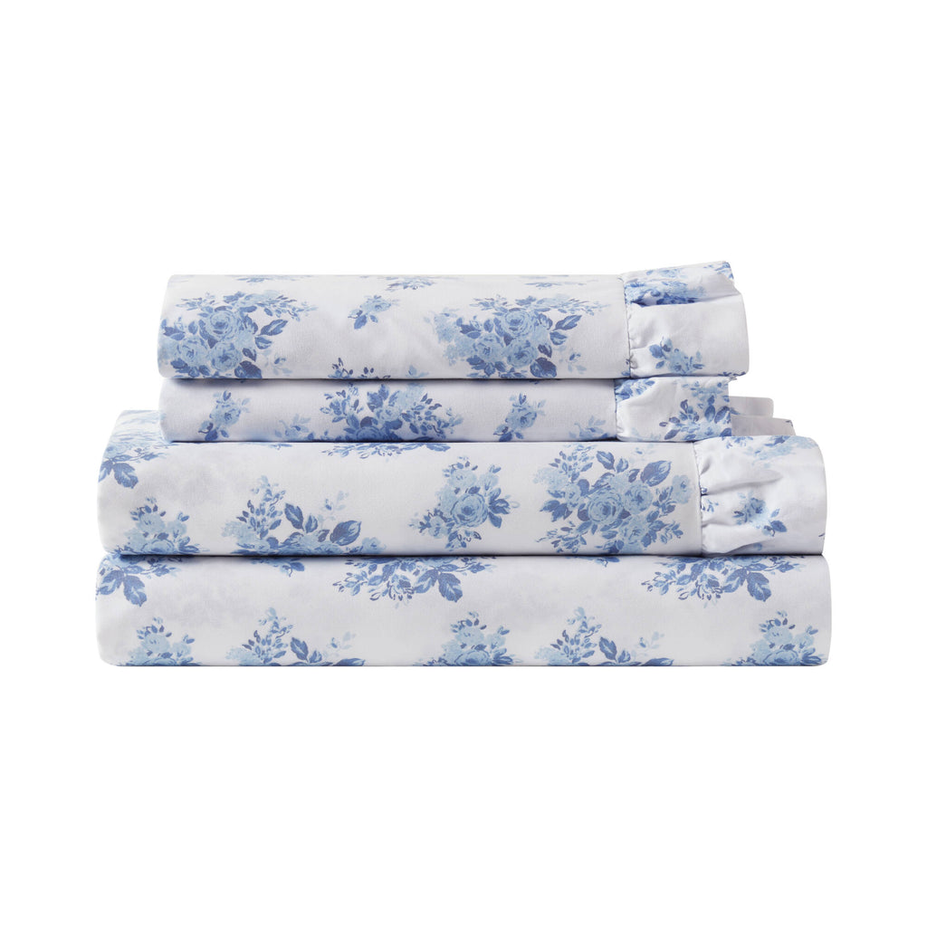 4-Piece King Microfiber Sheet Set, Blue Floral, Ruffled Hem