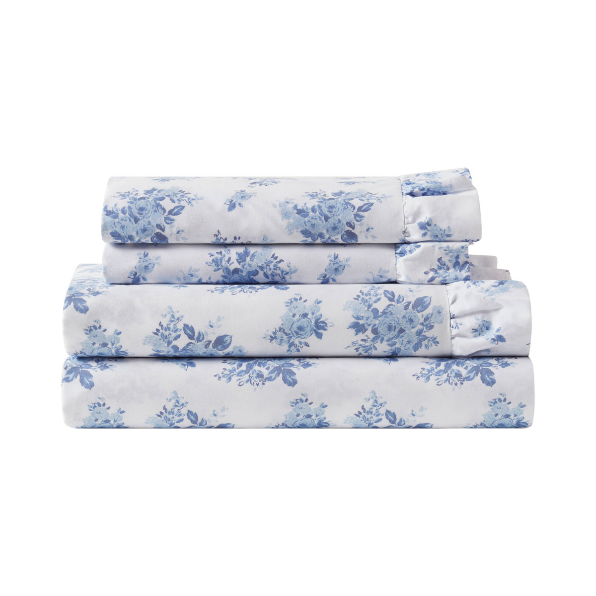 4-Piece King Microfiber Sheet Set, Blue Floral, Ruffled Hem