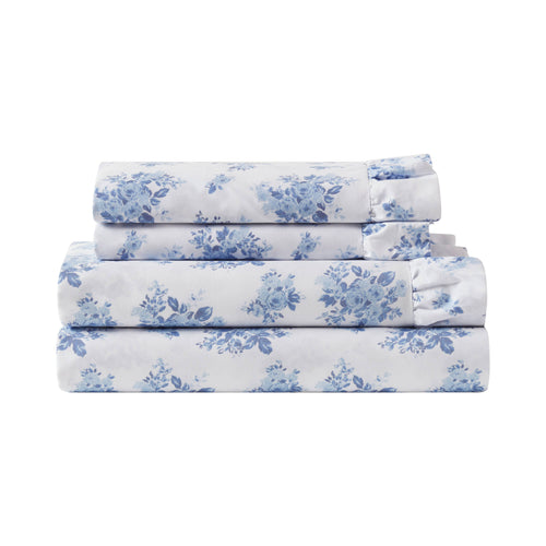 4-Piece King Microfiber Sheet Set, Blue Floral, Ruffled Hem