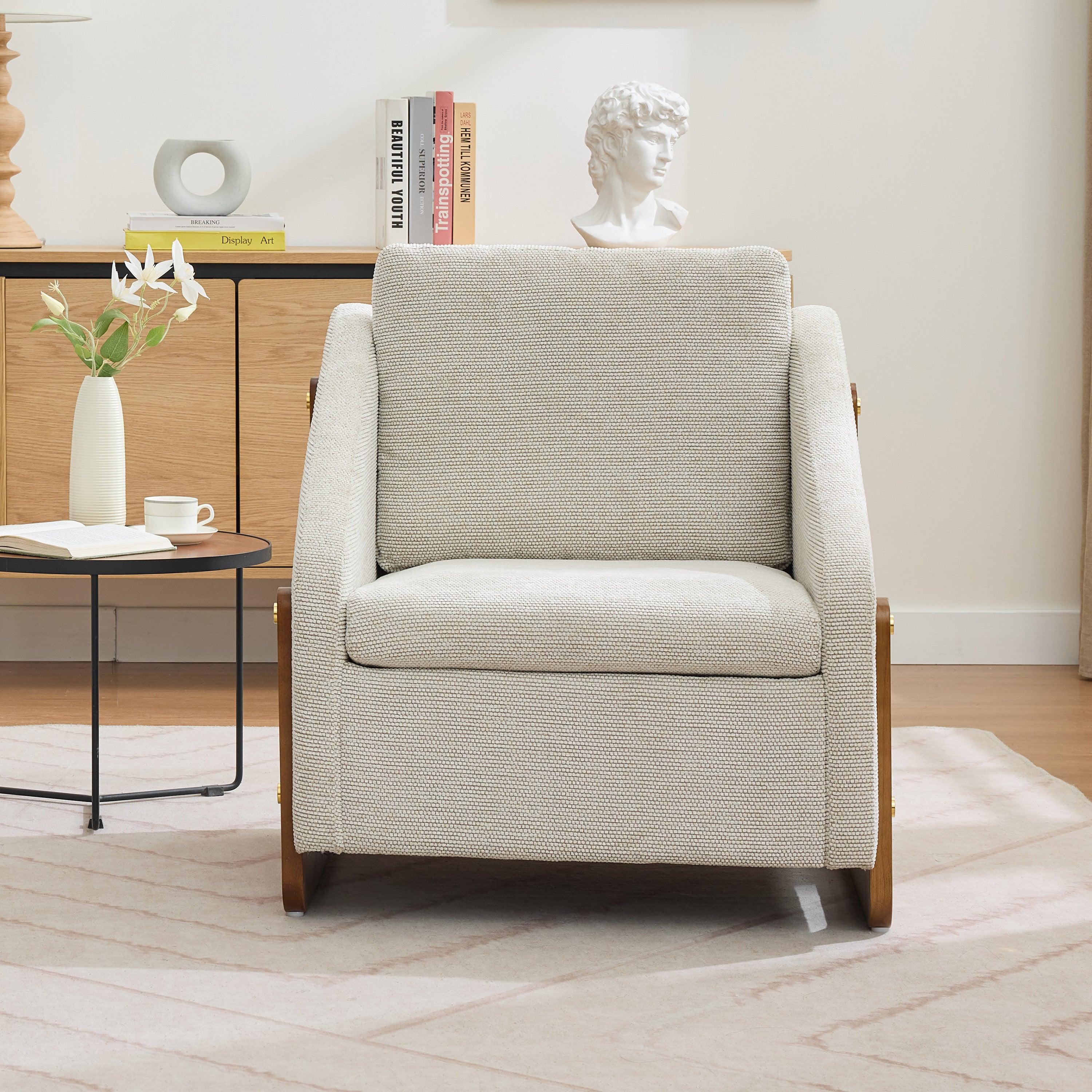 Chenille Fabric Modern Upholstered Armchair with Wooden Side Frame