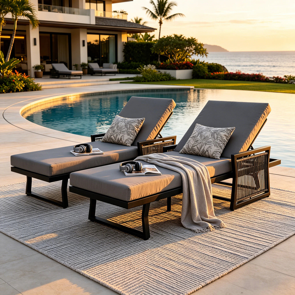 Black Iron Outdoor Chaise Lounge with Mixed Rope