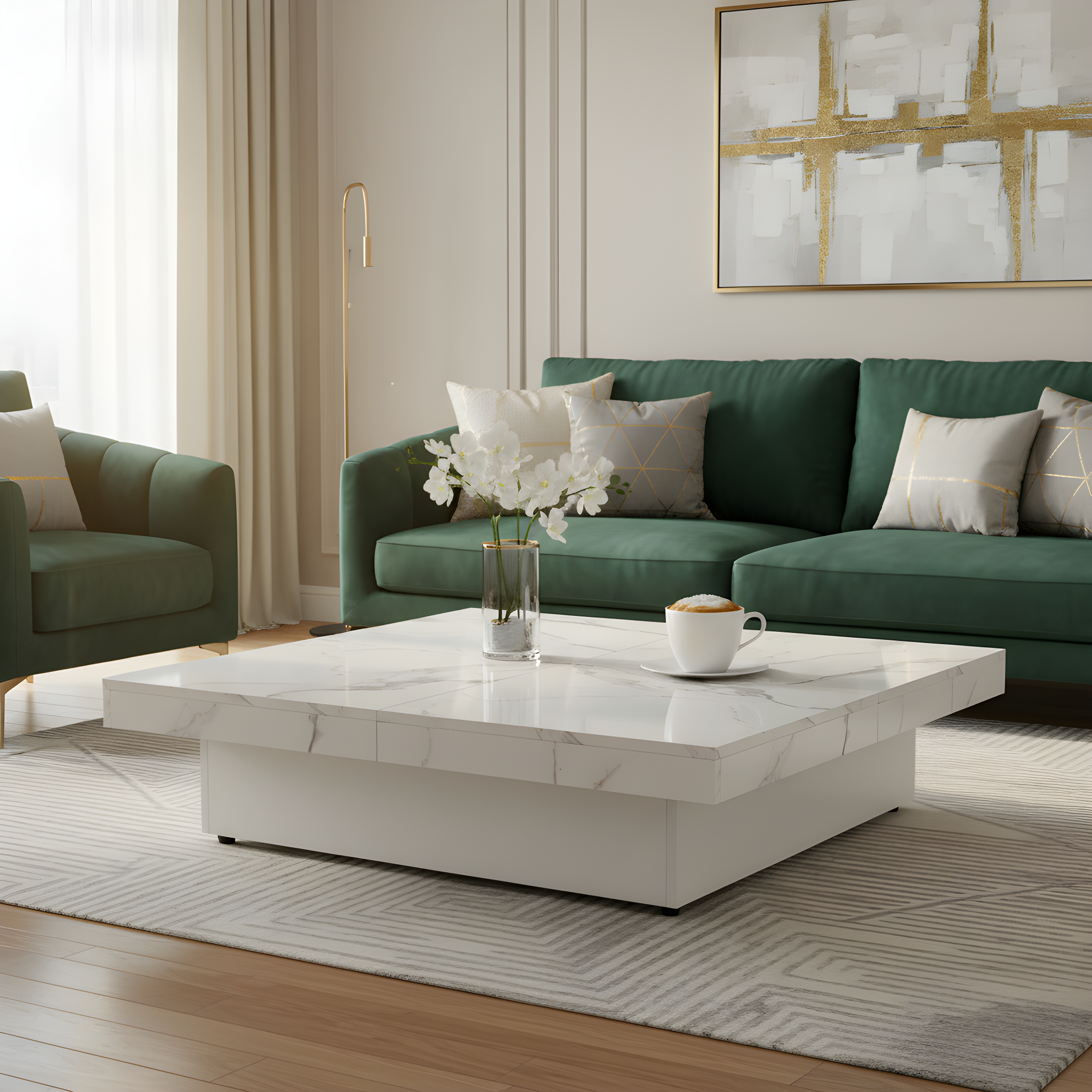 Square Marble Veneer Coffee Table Sliding Top with Storage