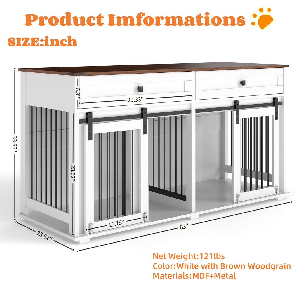 63" Large Dog Crate Furniture for Double Dogs