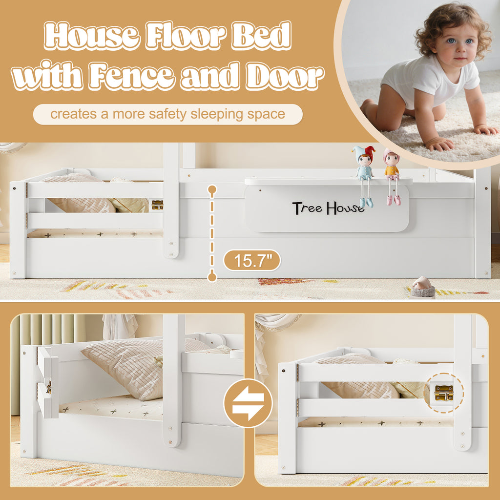 Full Size Floor Bed with Guardrails and Roof for Kids