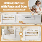 Full Size Floor Bed with Guardrails and Roof for Kids