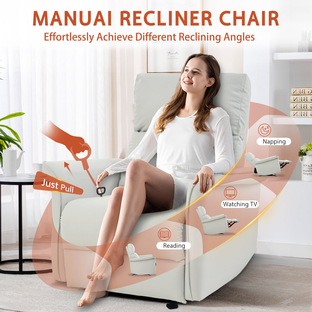Manual Rocker Recliner Chair for Adults - PU Light Gray