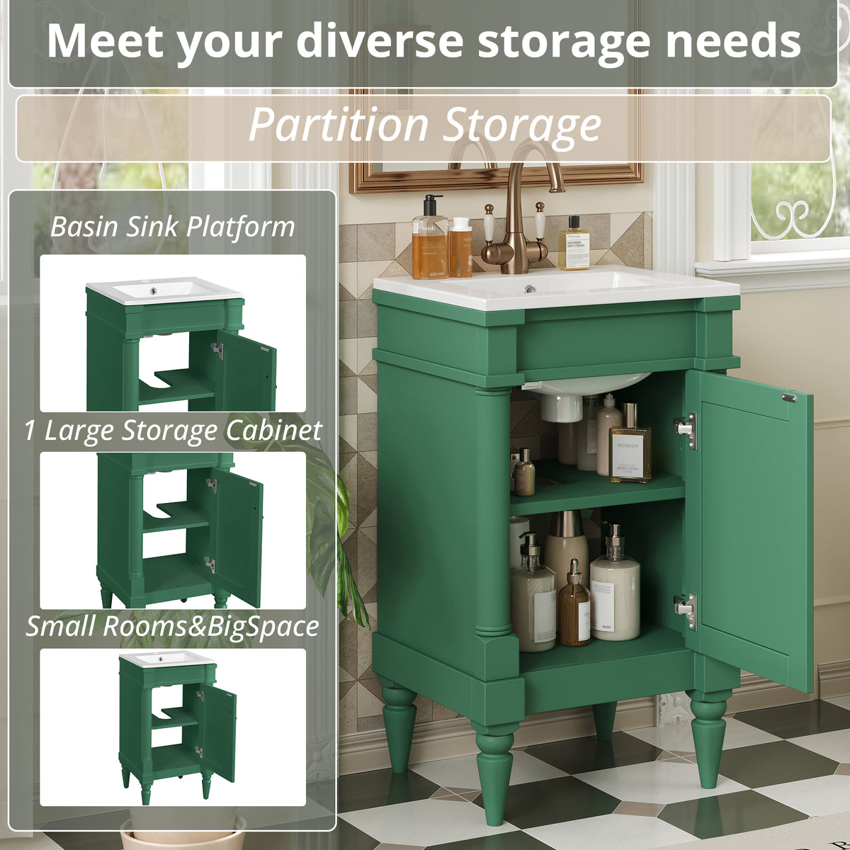 18-Inch Modern Bathroom Vanity with Ceramic Sink, Green