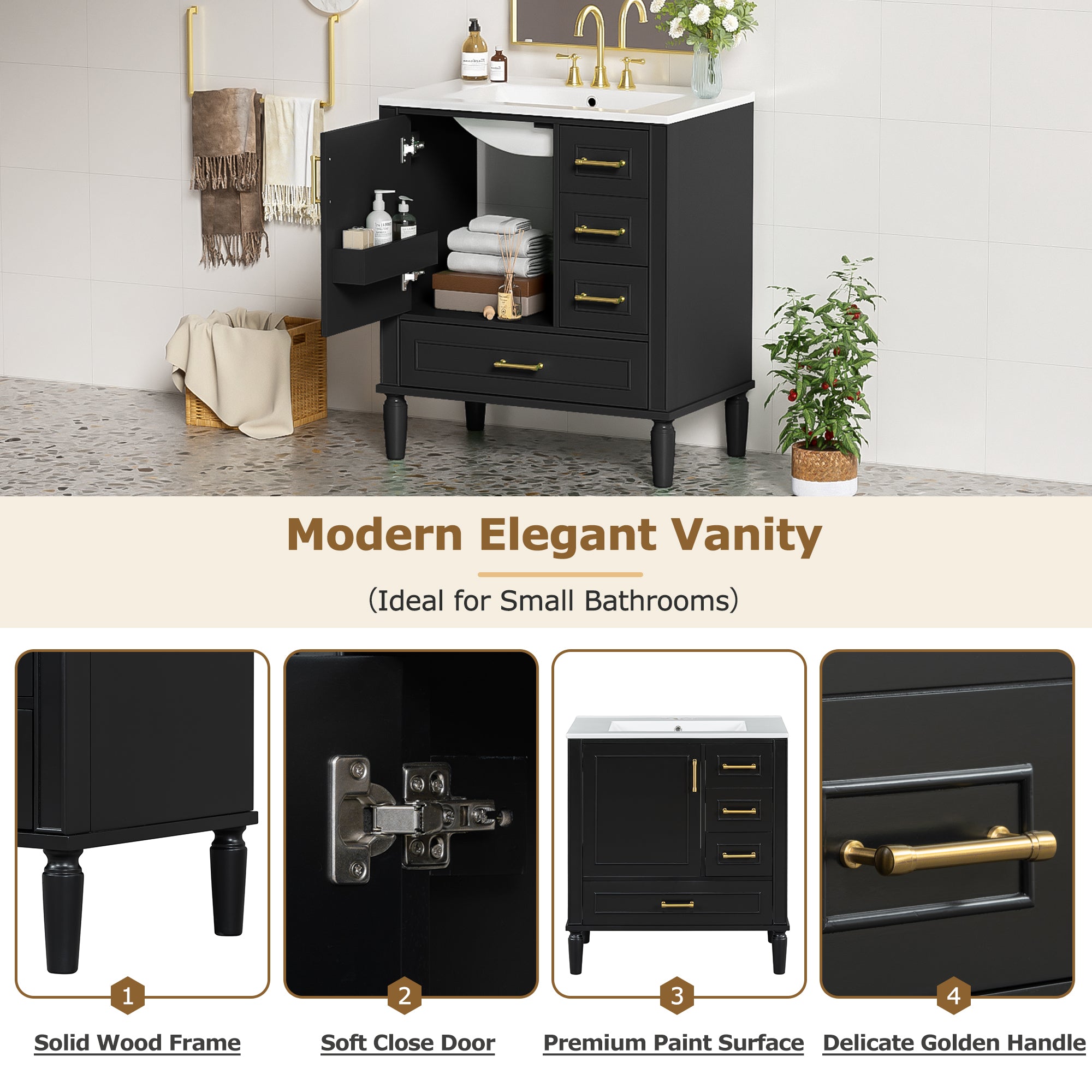 Traditional 30" Black Bathroom Vanity Set