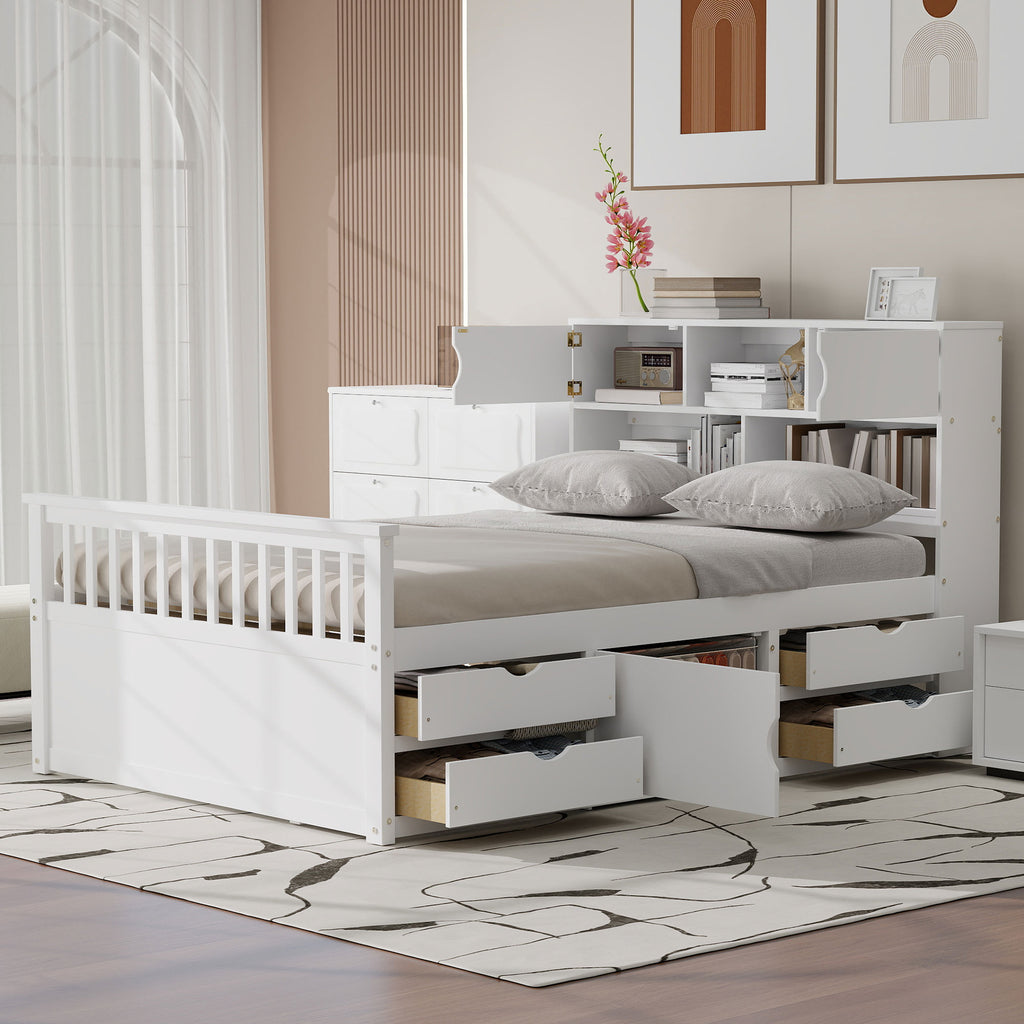 Full Size Captain Platform Bed Frame with Storage Bookcases and Shelves
