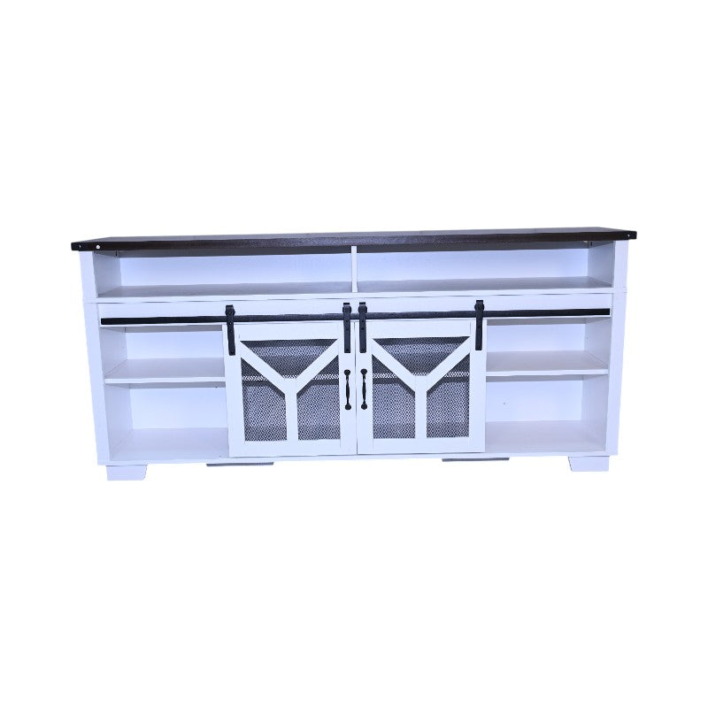 65.3" TV Stand with LED Light Strips and Iron Mesh Barn Door