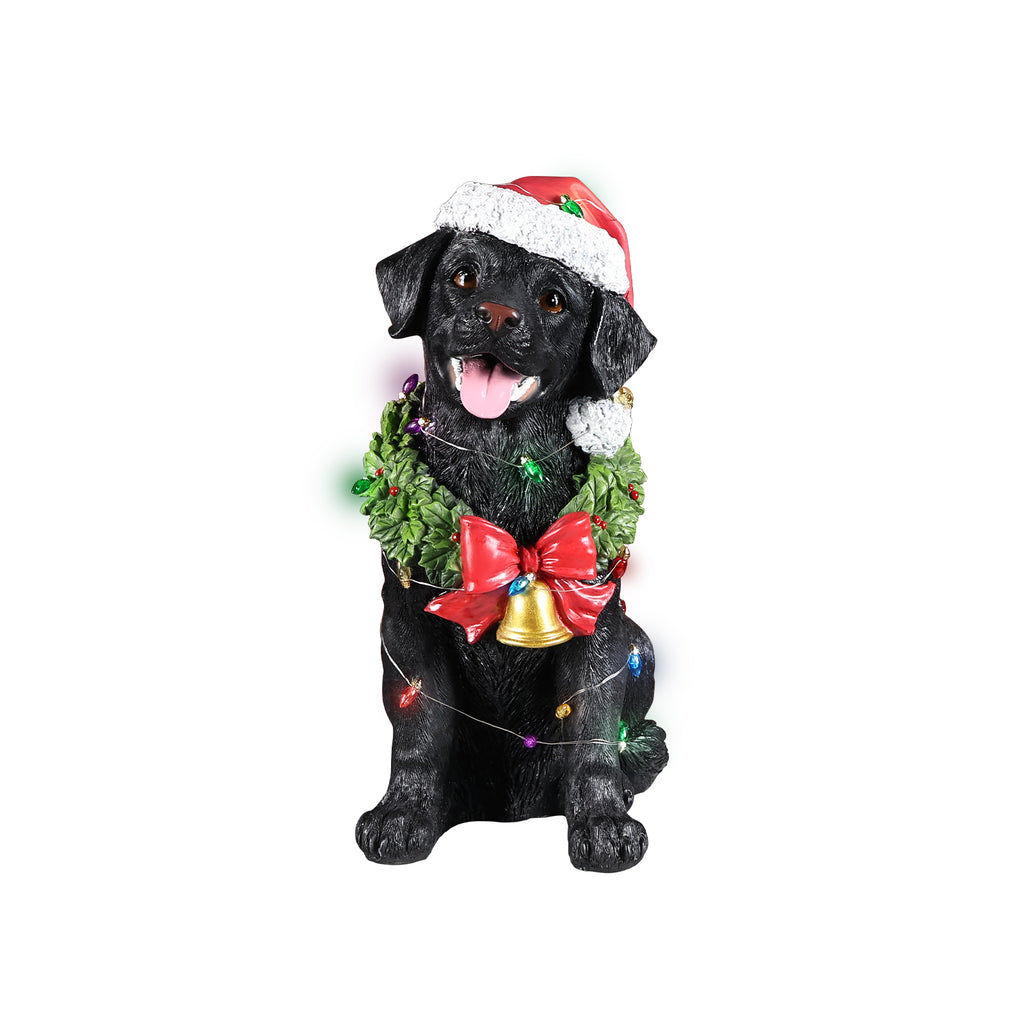 Lighted Christmas Labrador Retriever Dog Statue, Santa Hat, Black