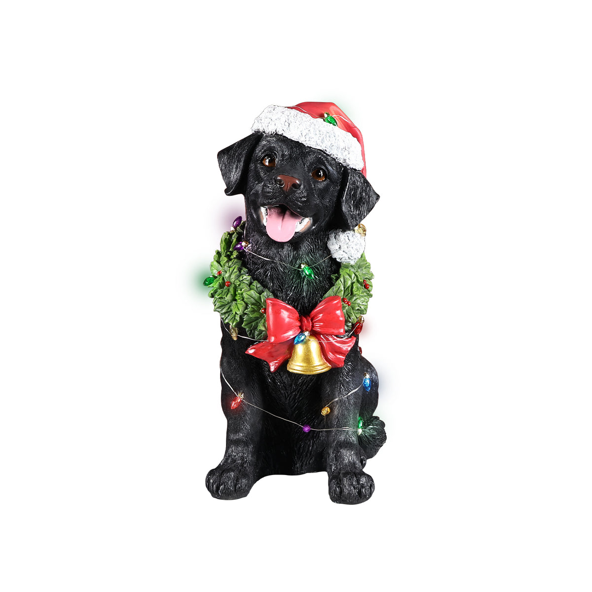 Lighted Christmas Labrador Retriever Dog Statue, Santa Hat, Black