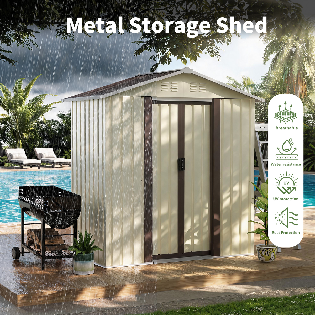 5x3 FT Metal Garden Shed with Sliding Double Doors, Beige