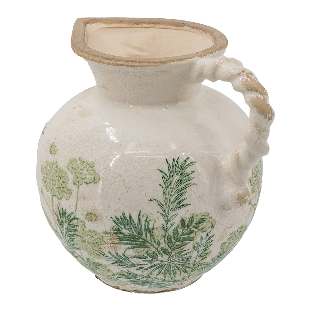 White Ceramic Pitcher Vase with Green Botanical Motifs and Twisted Handle
