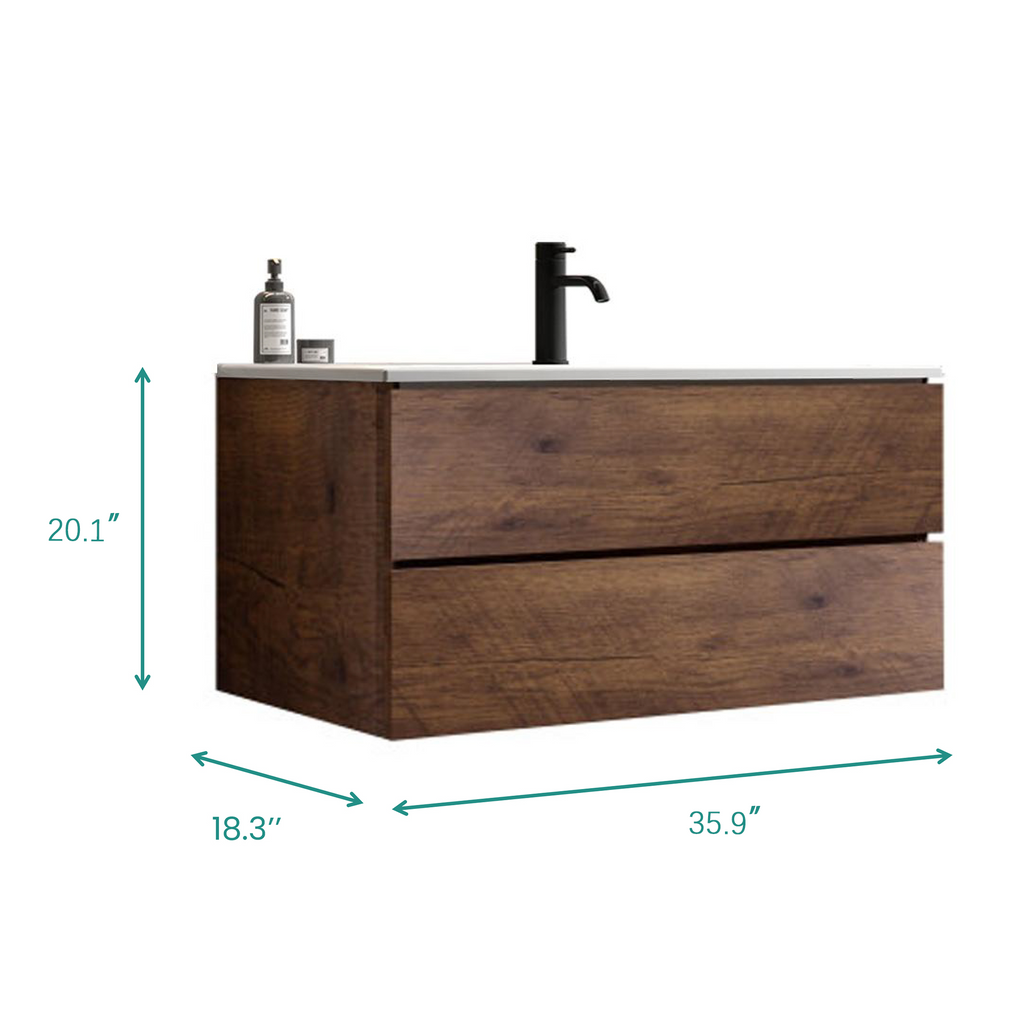 TIA 36-Inch Wall-Mounted Bathroom Vanity, Walnut with Ceramic Sink