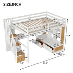 Full Size Loft Bed With Desk And Shelves, Two Built-in Drawers, Storage Staircase