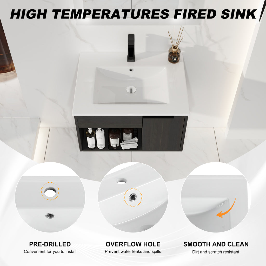 24" Wall-Mounted Floating Bathroom Vanity with Ceramic Sink