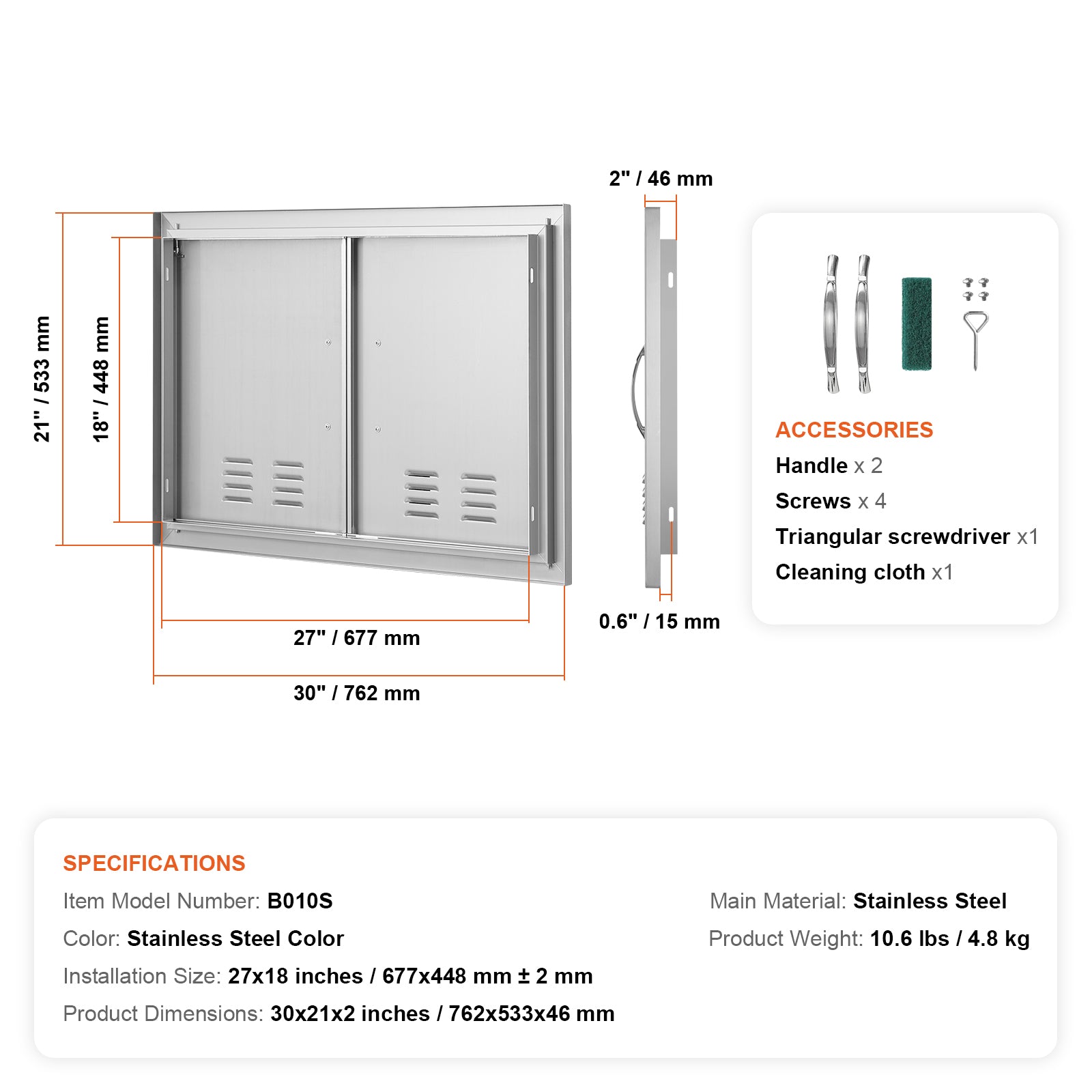BBQ Access Door, 30W x 21H Inch Double Outdoor Kitchen Door