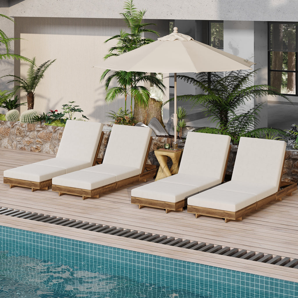 Acacia Solid Wood Lounge Chaise Set with Cream Cushion