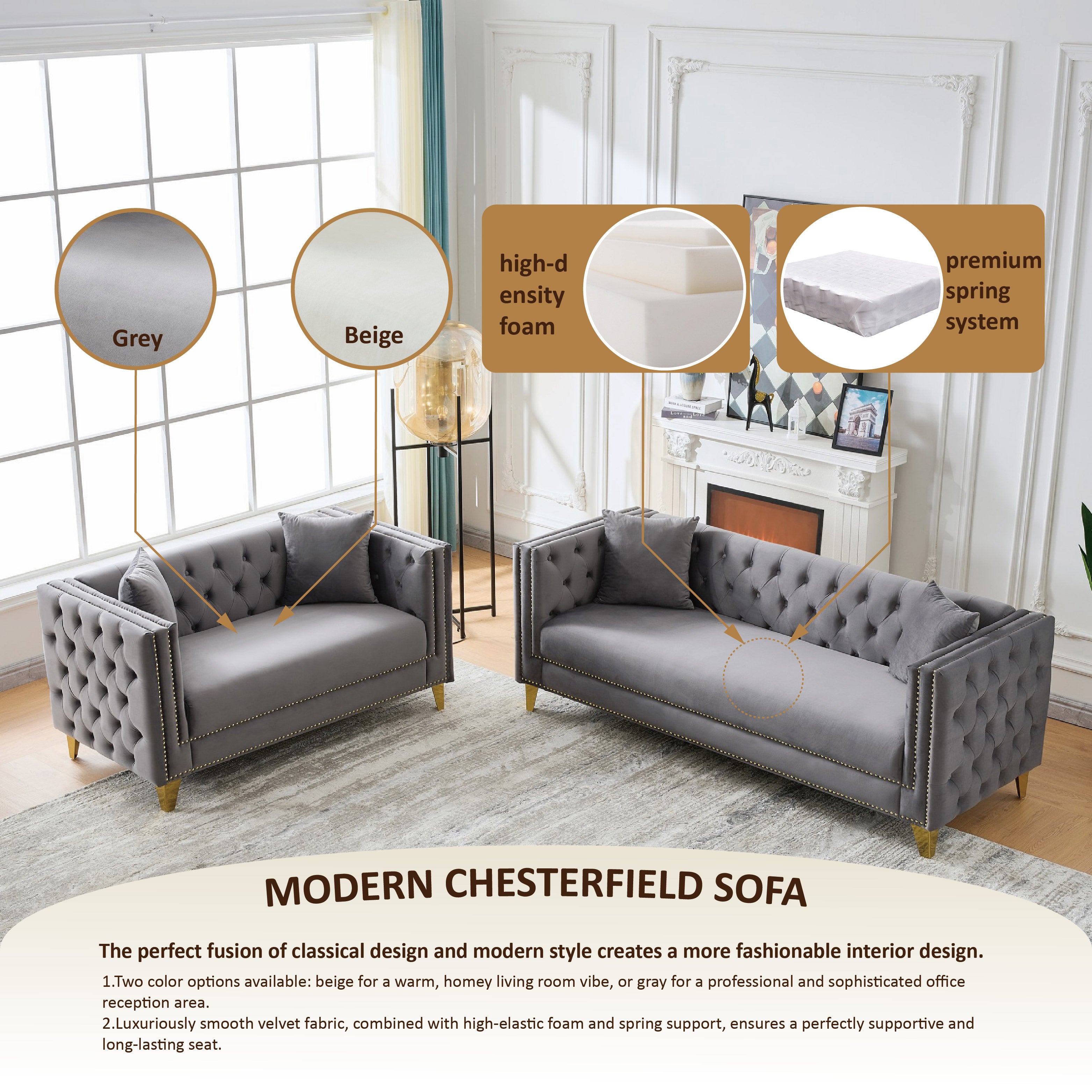 Chesterfield Velvet Sofa - 3+3 Seater Deep Seat Sofa