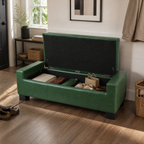 Green Storage Ottoman Bench with Solid Wood Legs