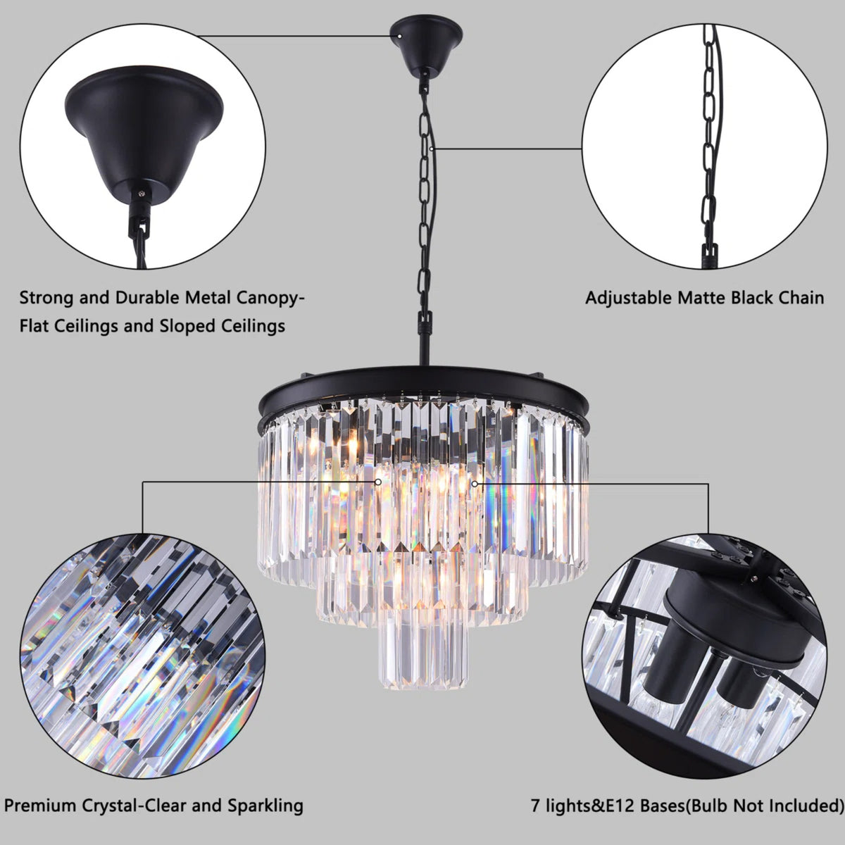 19.7-Inch 7-Light Dimmable Tiered Chandelier, Chrome and Crystal